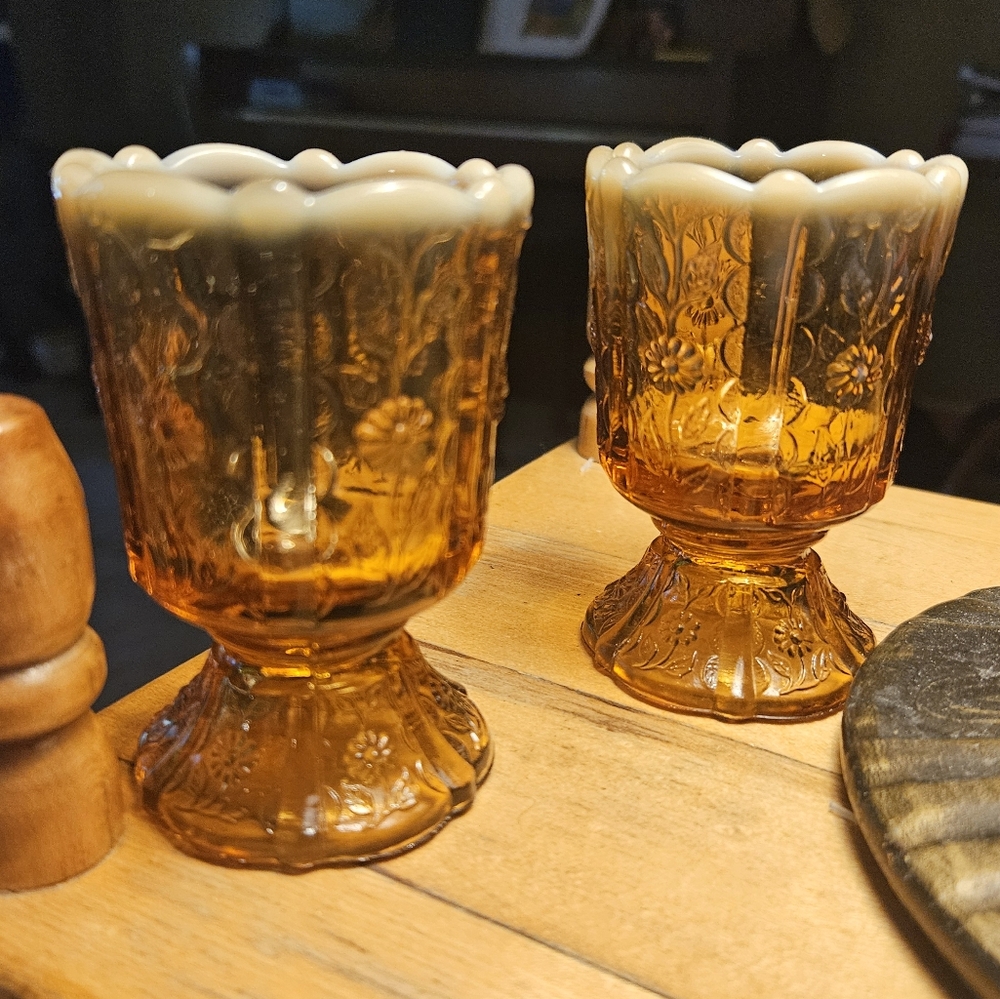 Fenton Carmel Cameo Daisy Paneled Opalescent Tooth Pick Holders Votives